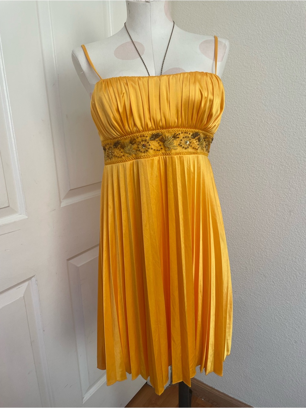 City Triangles Yellow Beaded Empire-Waist Mini Dress